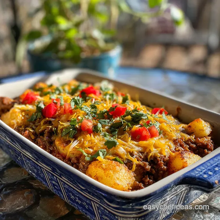 Plated cowboy casserole: creamy potatoes and beef topped with colorful green onions and a dollop of sour cream.