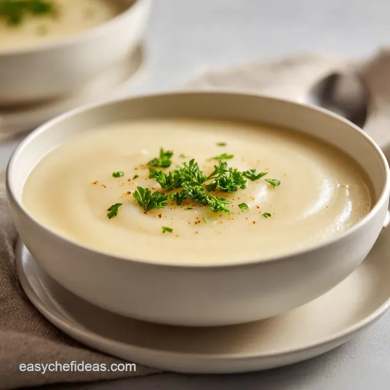 Silky white soup in a minimalist ceramic bowl topped with a cream swirl and chives, set against a neutral linen backdrop.