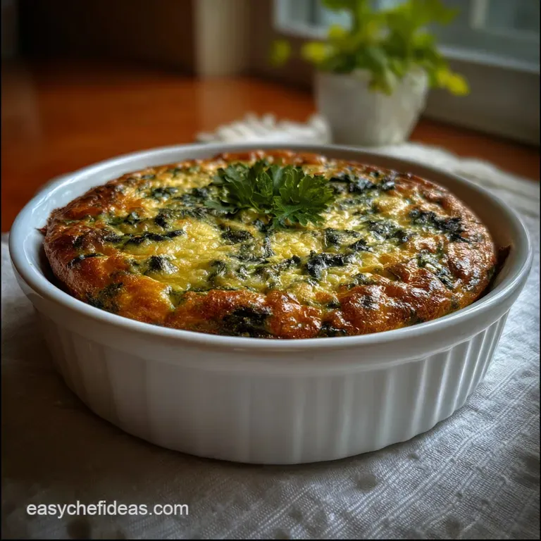 A single slice of spinach pie on a white plate. The creamy custard filling contrasts the delicate golden-brown top, a visu...