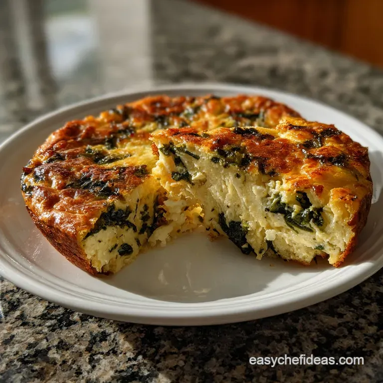 Vibrant green spinach filling baked to a golden brown hue. The crustless pie showcases a smooth, custard-like texture, rea...
