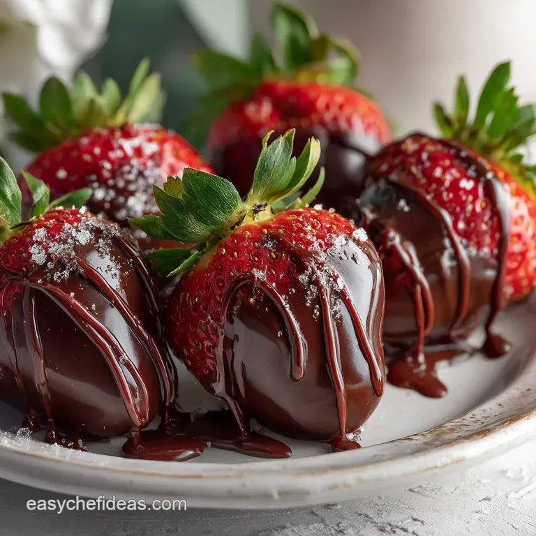 Elegant arrangement of glistening chocolate strawberries on a white plate, showcasing the smooth, dark coating and juicy r...