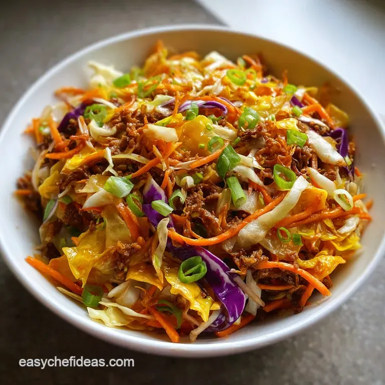 Egg roll bowl beautifully plated. Steaming bowl, vibrant green onions, and a sprinkle of sesame seeds offer a tasty invita...