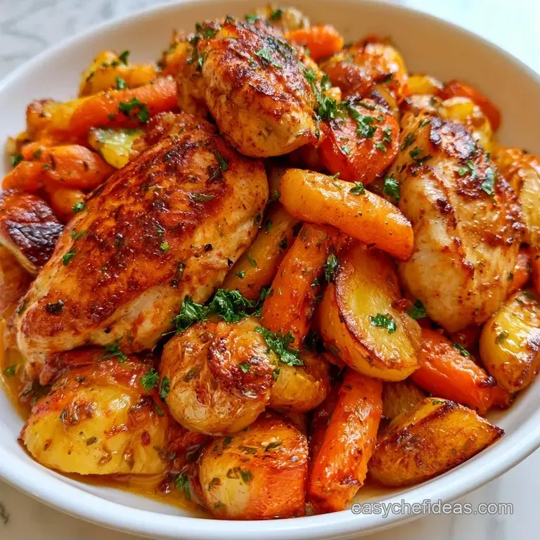 A polished plate featuring a golden-brown protein alongside vibrant glazed carrots and roasted baby potatoes.