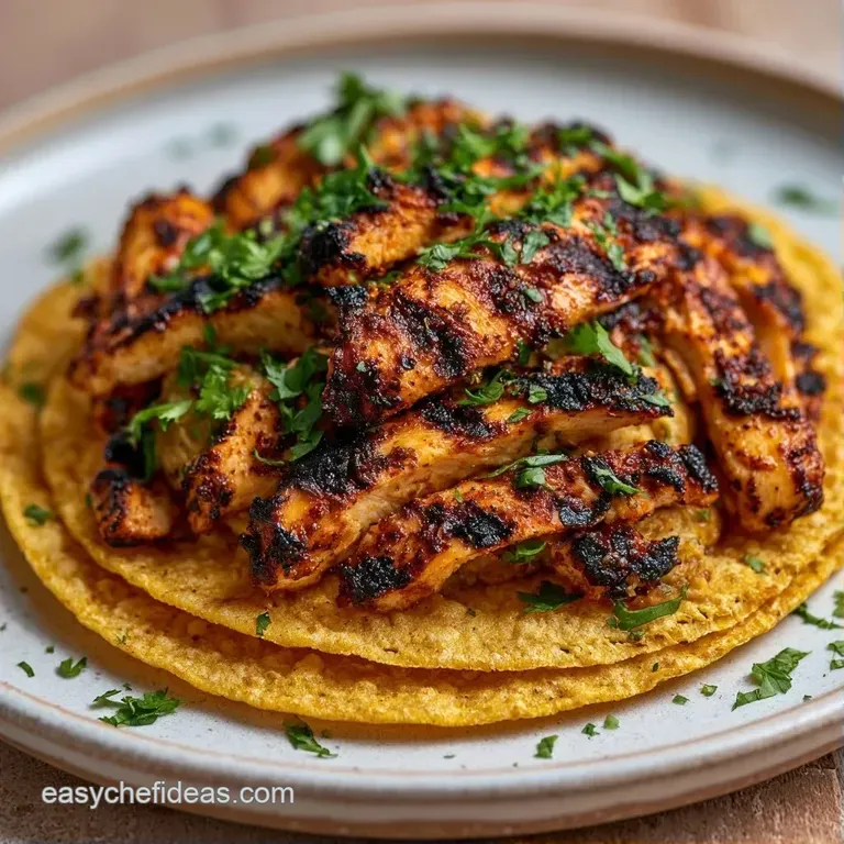 Three crispy golden tortillas topped with grilled chicken and colorful vegetables on a rustic dark slate platter.