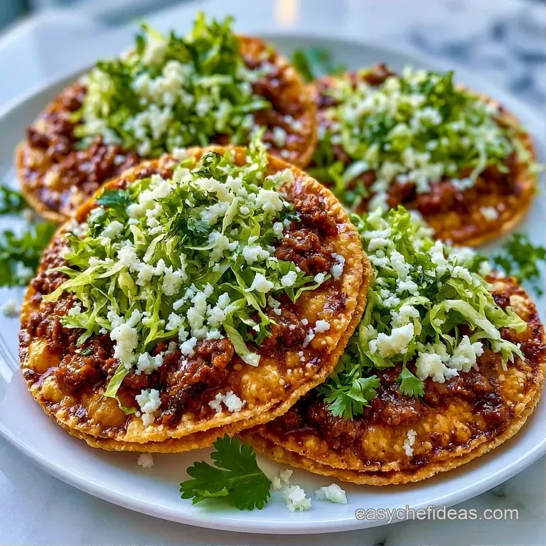 Three golden corn tortillas topped with seasoned beef, sliced avocado, and a drizzle of creamy white sauce.