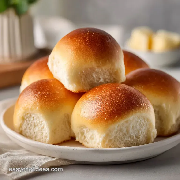 Three fluffy, golden rolls served on a white ceramic plate with a pat of melting yellow butter glistening on top.