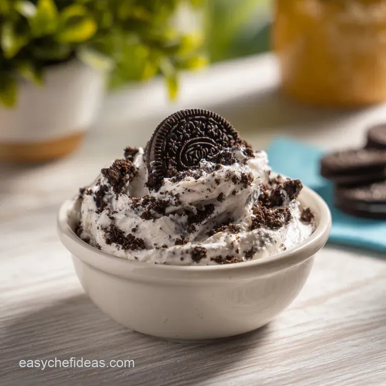 A single serving of the creamy Oreo dessert in a glass dish, topped with whipped cream and a whole cookie.