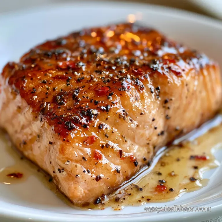 Glazed pink salmon fillet on a white ceramic plate, garnished with a lemon wedge and sprigs of fresh green parsley.