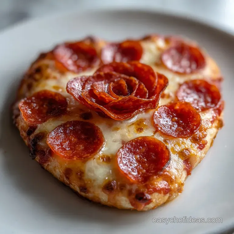 Elegant pizza rose plated on white, pepperoni swirls forming a floral design, browned crispy crust, & steam suggests fresh...