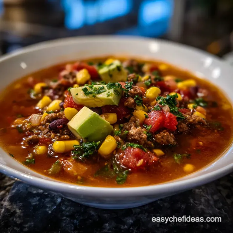 Vibrant red and creamy white taco soup, garnished with cool green cilantro, in an artful bowl. A warm, comforting, and del...