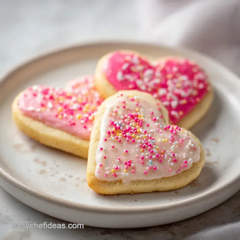 A stack of heart-shaped sugar cookies decorated with pink, red, and white icing, showcasing delicate floral patterns.