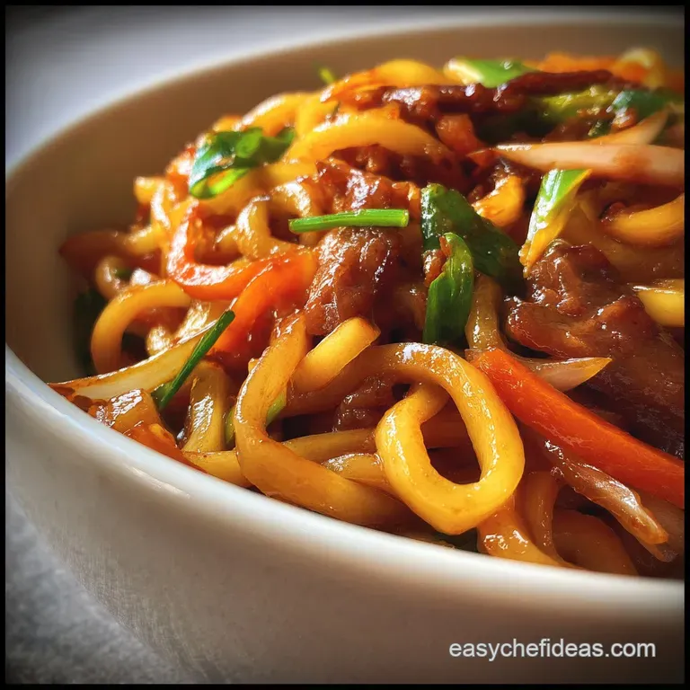 Steaming yaki udon, artfully piled in a white bowl. Vibrant green scallions contrast with the rich, dark sauce and chewy n...