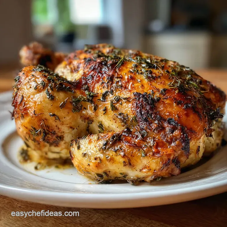 Elegant plate featuring perfectly seasoned chicken glistening with oil, nestled on a bed of colorful herbs and veggies.