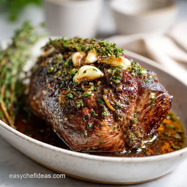 Slices of tender sirloin tip roast artfully arranged, showcasing a rich red interior and herbs.