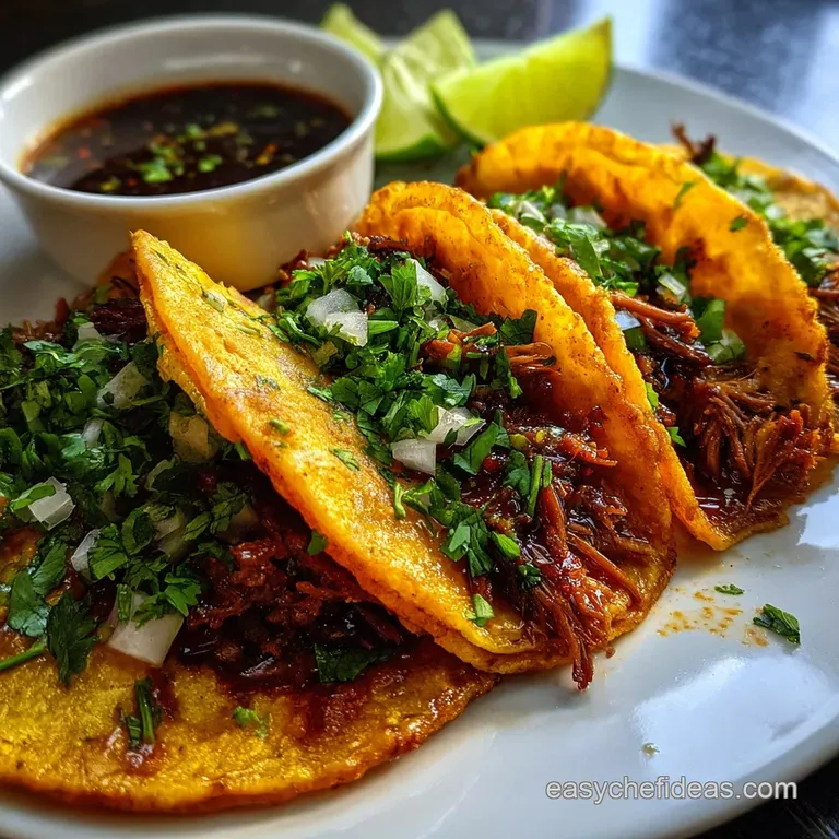 Stacked birria tacos with a glistening, consomm&eacute; dipping bowl. Steam rises, garnished with cilantro and a lime wedge.