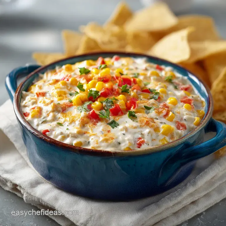 Fiesta corn dip in a glass bowl, vibrant with green onions and red peppers, surrounded by golden, crispy tortilla chips.