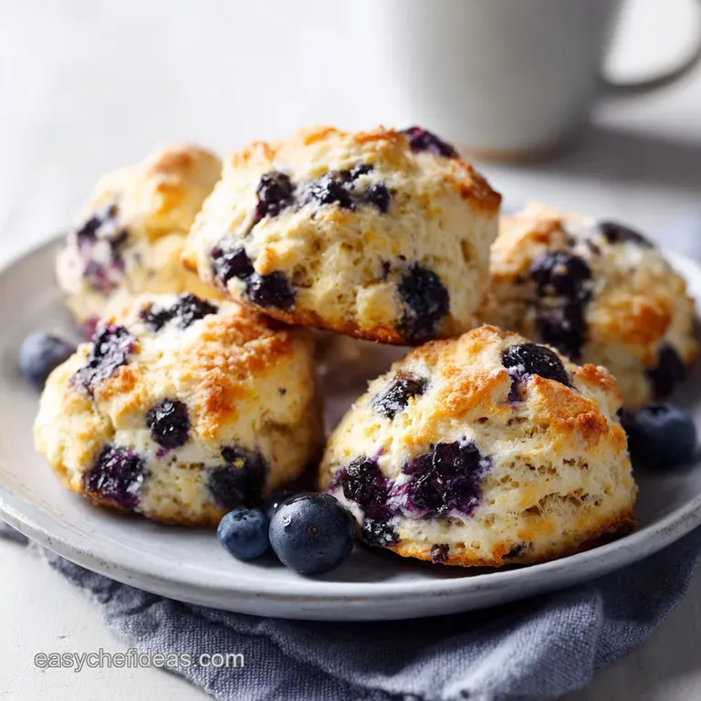 Flaky blueberry scones artfully arranged on a white plate with a swirl of clotted cream and berries.