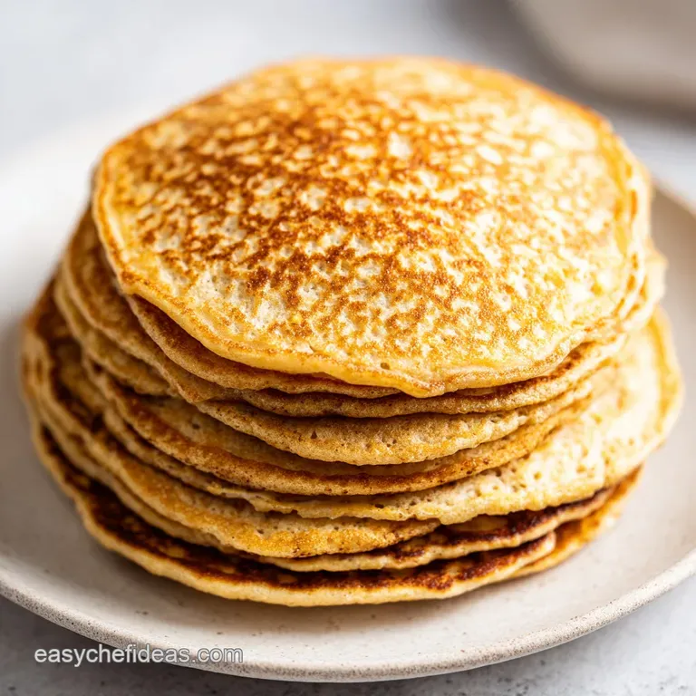 Golden-brown pancake stack on a ceramic plate, accented by sliced fresh bananas and a sprinkle of cinnamon powder.