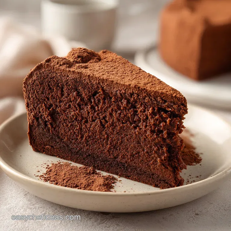 Dark chocolate cake slice on a white ceramic plate, accented by fresh red berries and a sprig of mint.