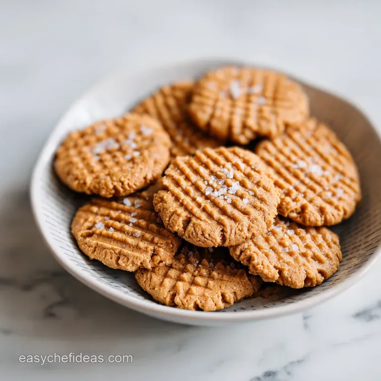 A stack of golden-brown cookies on a white marble slab, garnished with a sprinkle of coarse sea salt crystals.