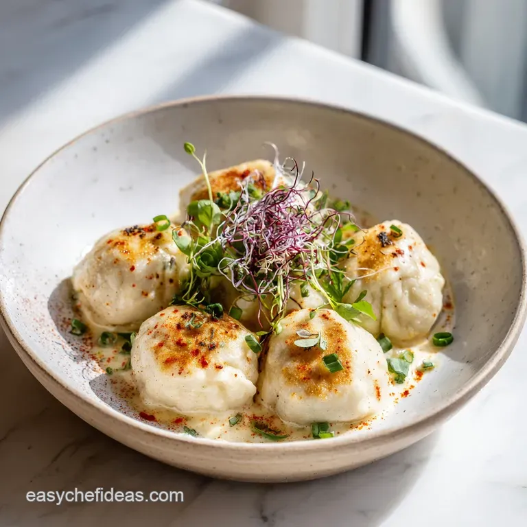 Steaming dumplings artfully arranged on a white plate, dusted with sesame seeds.