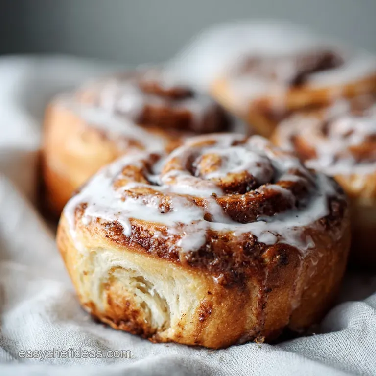 Artfully arranged cinnamon rolls with drizzles of creamy frosting on a rustic wooden board.