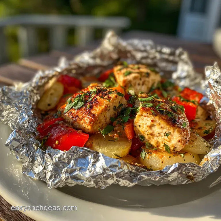 Juicy chicken and colorful vegetables spilling from a foil packet onto a rustic plate, steam rising, ready to enjoy outdoors.