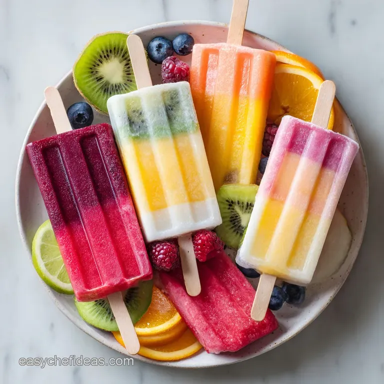 Assortment of jewel-toned fruit popsicles artfully arranged with fresh berries and mint sprigs.