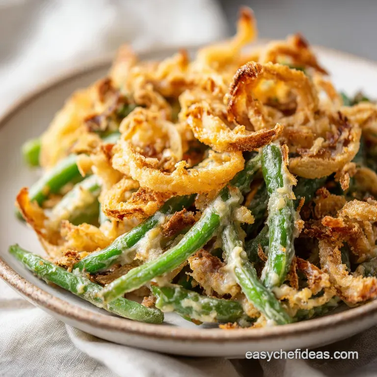 A scoop of creamy green bean casserole, topped with golden fried onions, plated elegantly on a white dish.