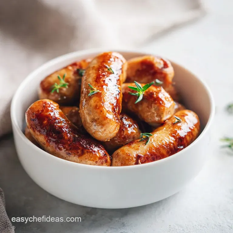 A rustic wooden board showcases plump, perfectly browned sausage links, glistening with rendered fat, next to a dipping sa...