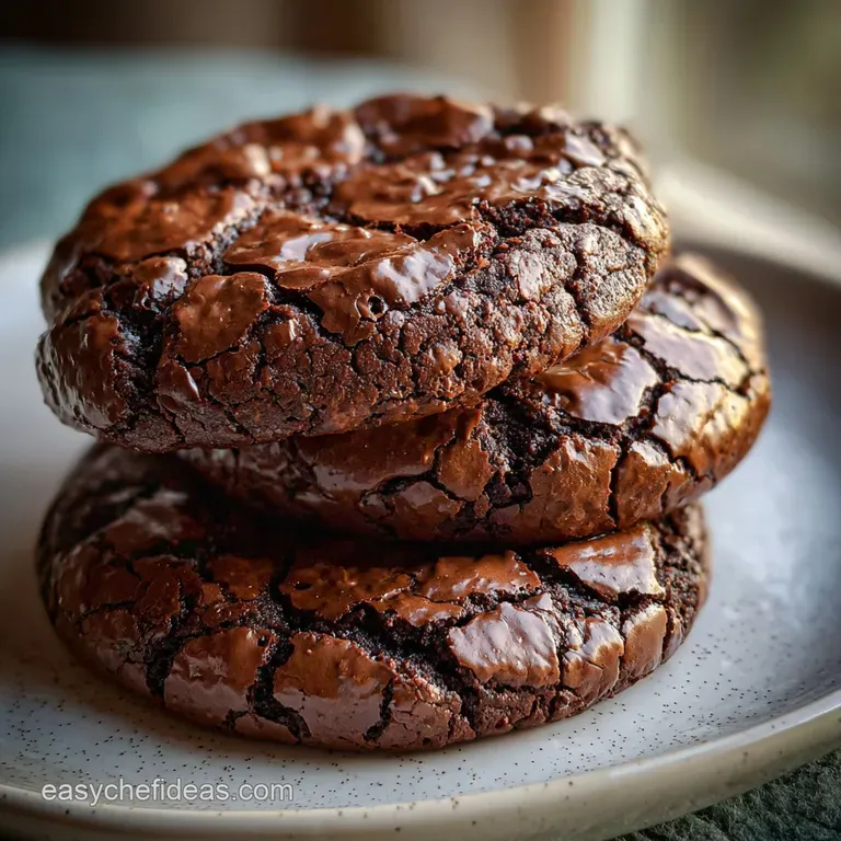 Stack of rich brownie cookies, showcasing soft, chewy centers and crisp edges, dusted with powdered sugar on a white plate.