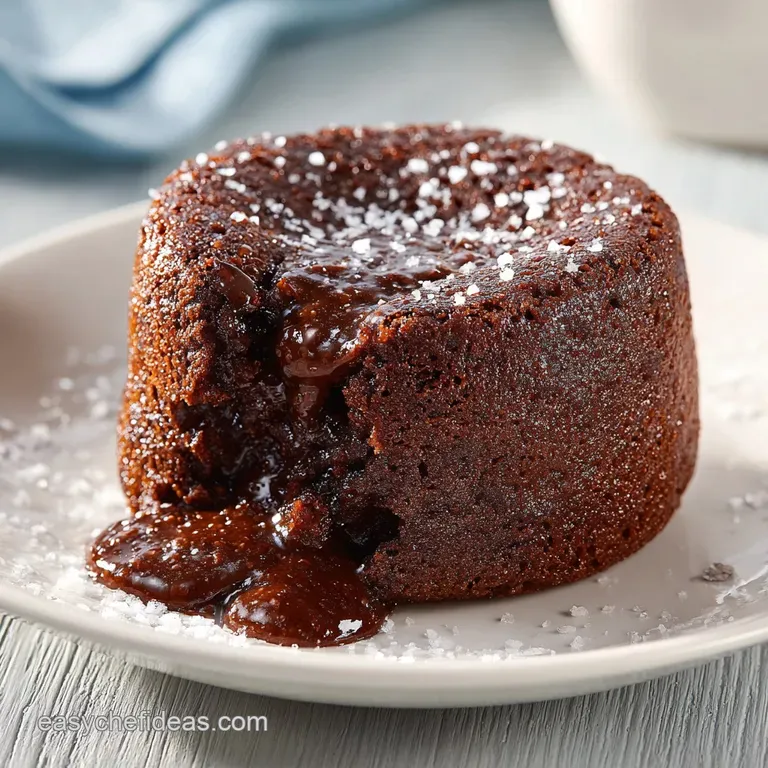 Warm, dark chocolate mug cake elegantly served with a dusting of powdered sugar and a single raspberry.