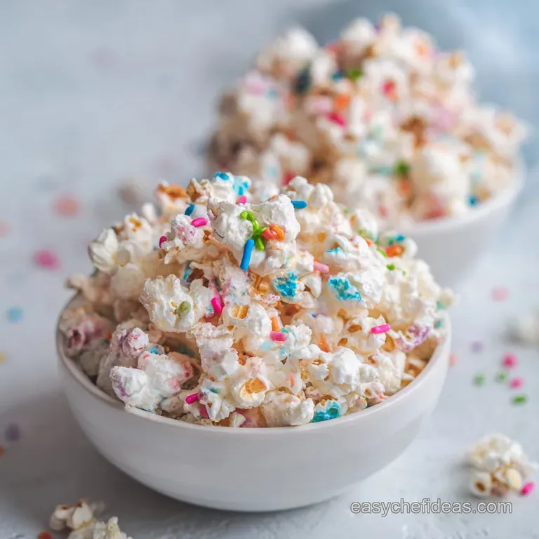 Individual bowl of funfetti popcorn; bright sprinkles contrast with the fluffy kernels, offering a delightful, whimsical s...