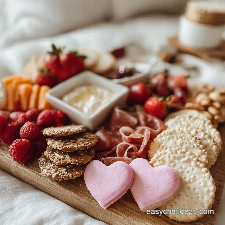 Elegant charcuterie board featuring heart-shaped brie, vibrant berries, cured meats, and assorted crackers, ready for a Ga...
