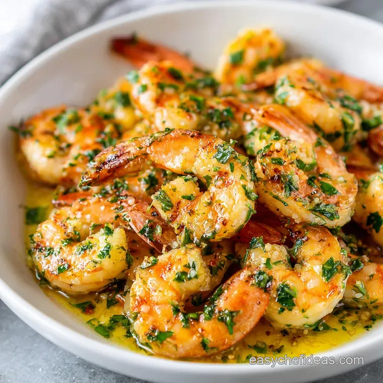 Plated garlic butter shrimp, vibrant parsley, lemon, and red pepper flakes over rice, signaling a flavorful and inviting m...