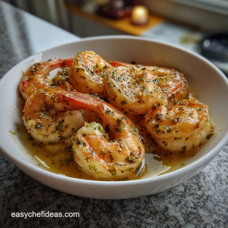 Elegant plate featuring a few shrimp, their edges lightly browned, drizzled with glossy butter sauce, garnished with fresh...