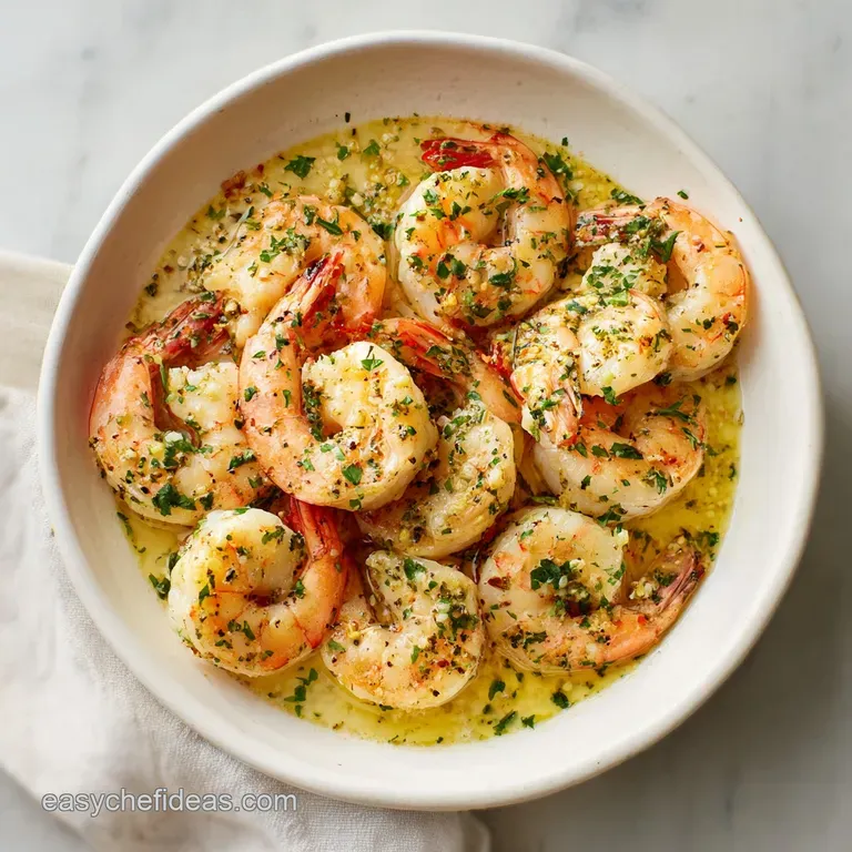 Tender shrimp bathed in velvety, shimmering garlic butter sauce, artfully arranged with pasta strands.