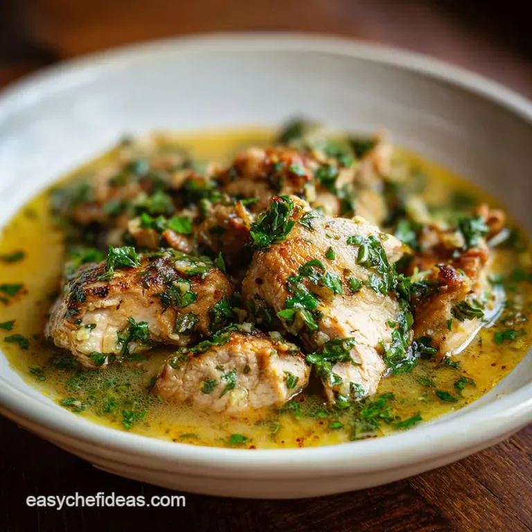 Tender shredded chicken with herbs, served over creamy mashed potatoes, glistening from melted butter. A sprig of rosemary...