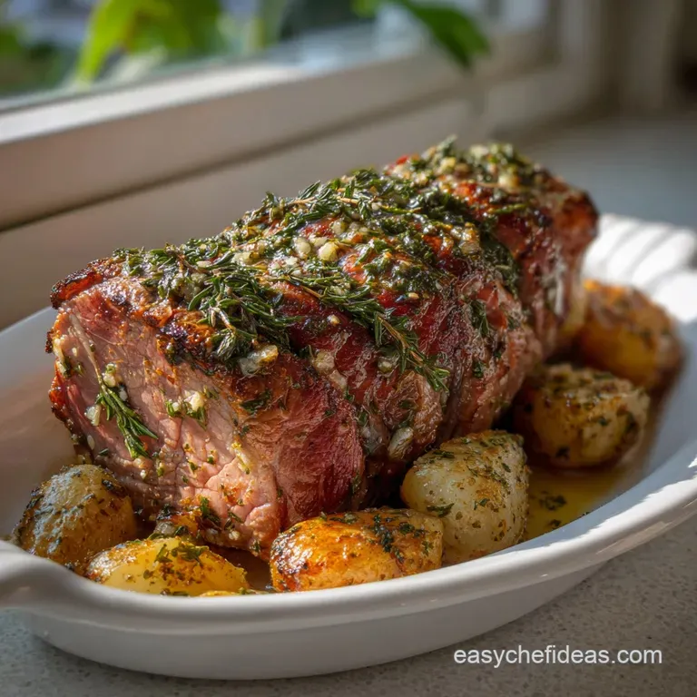 Tender slices of the roasted meat artfully arranged on a white plate, garnished with fresh rosemary sprigs and a drizzle o...