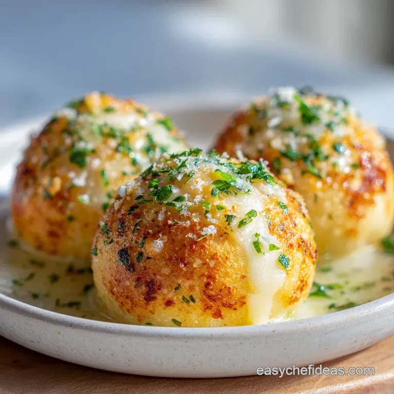 A single cheese bomb oozing with melted cheese, artfully arranged on a white plate, dusted with parmesan and fresh herbs.
