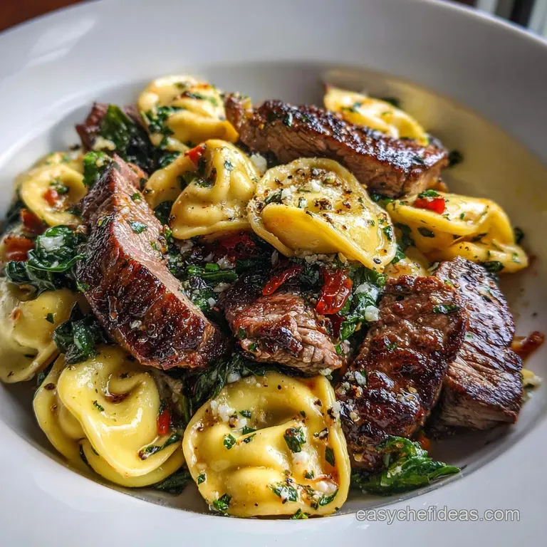 Elegant plate of tortellini: tender pasta, browned steak slices, creamy sauce, and vibrant herbs create an inviting and de...