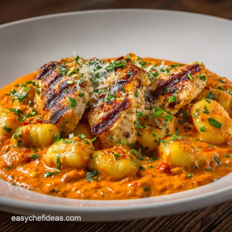 Gnocchi with Grilled Chicken in Roasted Red Pepper Sauce: Sun-Kissed Creamy presentation