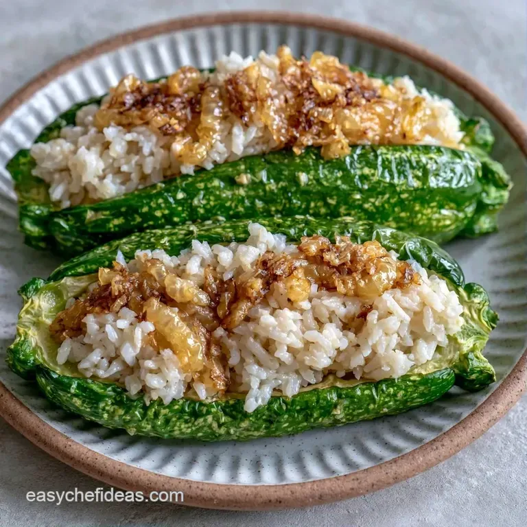 Two roasted green zucchini boats filled with savory rice, served on a white plate with a side of bright microgreens.