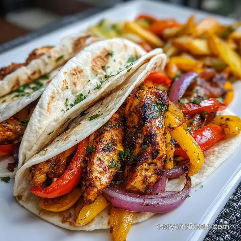 Tender chicken fajitas elegantly plated. Vibrant peppers and onions alongside tender grilled chicken, fresh cilantro, with...