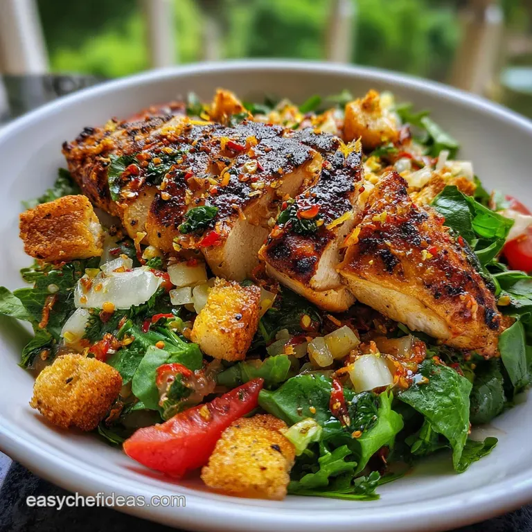 Perfectly plated grilled chicken salad. Glossy greens, juicy chicken slices, crisp vegetables, and a tempting creamy sauce...