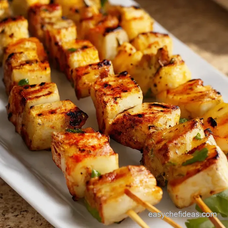 Grilled Halloumi Rainbow Vegetable Skewers presentation