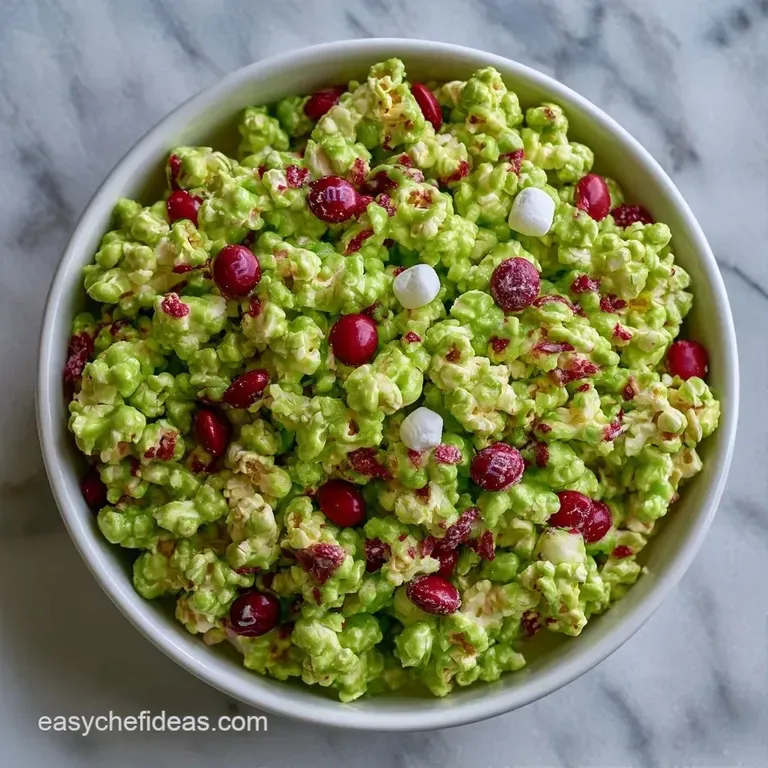 Neon green glazed popcorn piled high in a glass jar, accented by small red chocolate candies and white sprinkles.