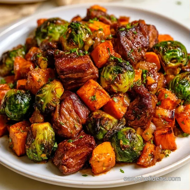 Savory brown beef and bright autumn vegetables served on a white ceramic plate with a garnish of fresh parsley.