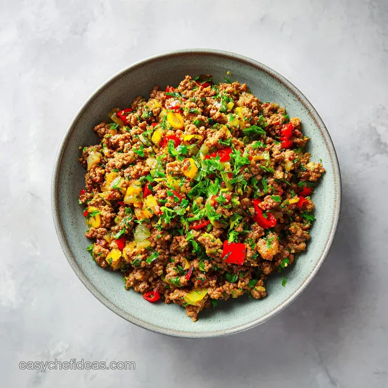 Glistening ground beef nestled on a fluffy bed of rice, garnished with vibrant green herbs.