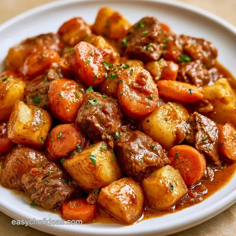A steaming rustic ceramic bowl of thick beef stew topped with fresh parsley next to toasted sourdough.